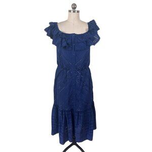 Boston Proper Dress Womens Medium Long Blue Eyelet Ruffle Cottage Peasant Boho